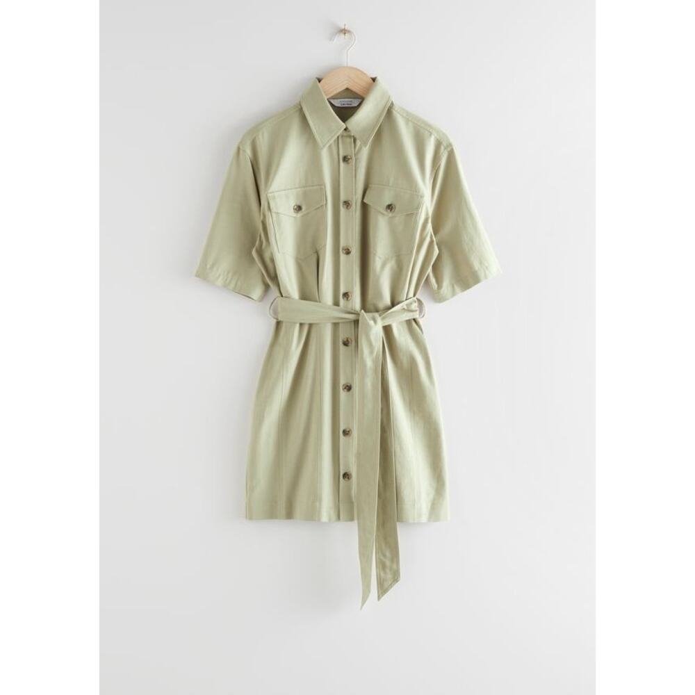 & Other Stories Khaki Shirt Dress Size 8 Short Sleeve Button Up